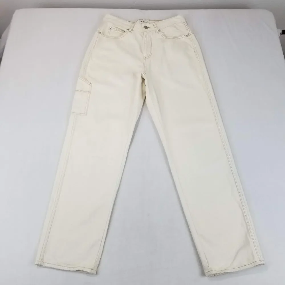 Wrap London Jeans Womens US 8 Cream Carpenter Utility Button Fly Cinch Back ZA76